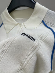 MIUMIU SHORT-SLEEVE RAGLAN POLO SHIRT IN BLUE AND WHITE 267966