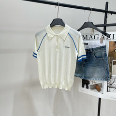 MIUMIU SHORT-SLEEVE RAGLAN POLO SHIRT IN BLUE AND WHITE 267966