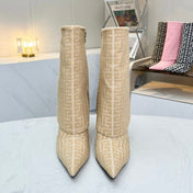 BALMAIN 26S MONOGRAM BOOTS 105 MM IN NUDE BEIGE JACQUARD-WOVEN CANVAS