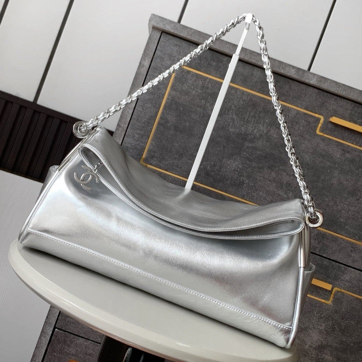 CHANEL 25S HOBO BAG 40 CM IN SILVER SMOOTH CALFSKIN