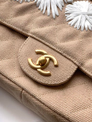CHANEL 25S CLASSIC FLAP 26 CM IN LIGHT BEIGE CANVAS EMBROIDERED MOTIF WITH GOLD HARDWARE
