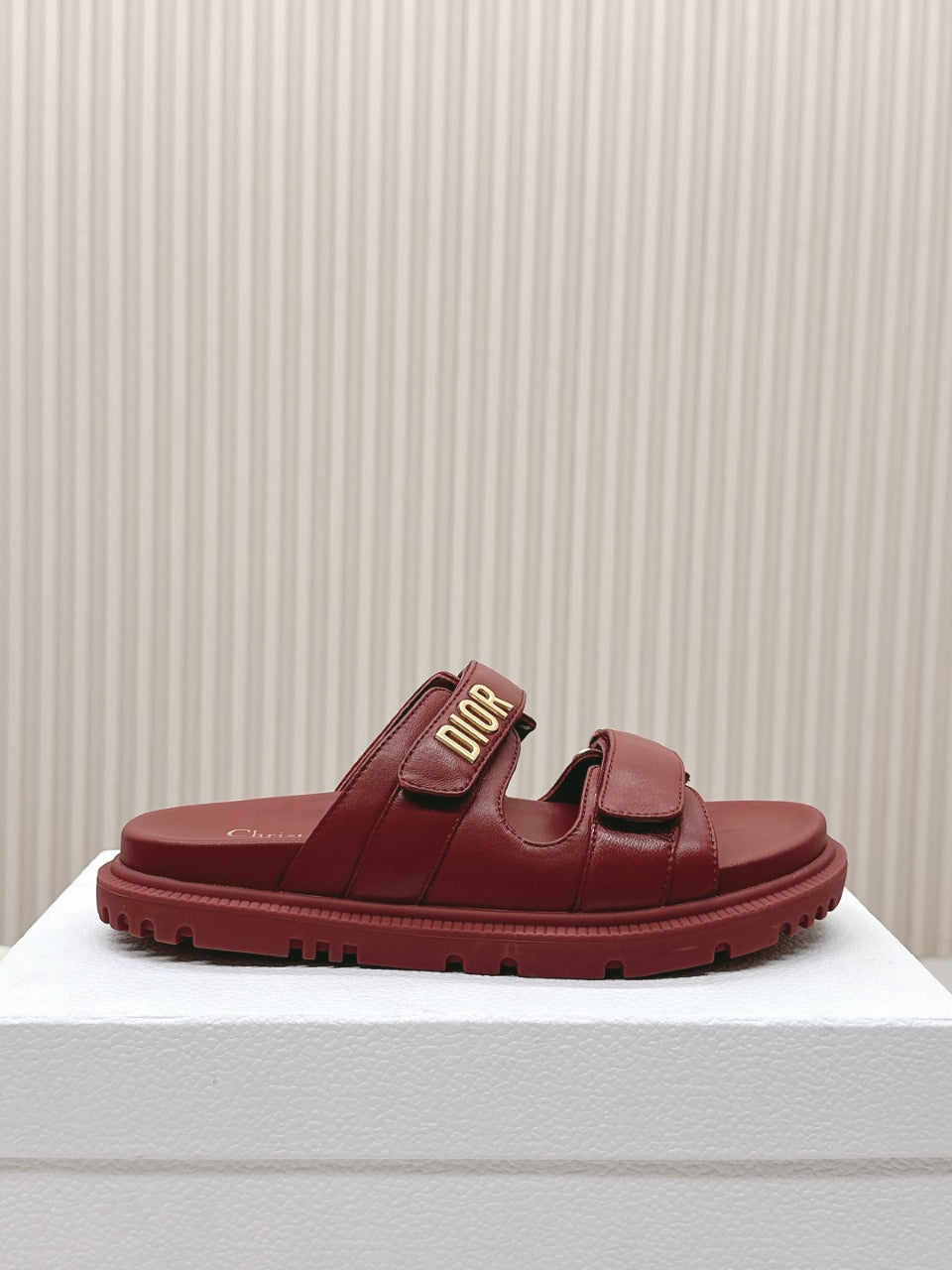 DIOR CLASSIC DOUBLE-STRAP SLIDES 25S IN DARK RED CALFSKIN