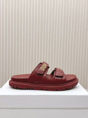 DIOR CLASSIC DOUBLE-STRAP SLIDES 25S IN DARK RED CALFSKIN