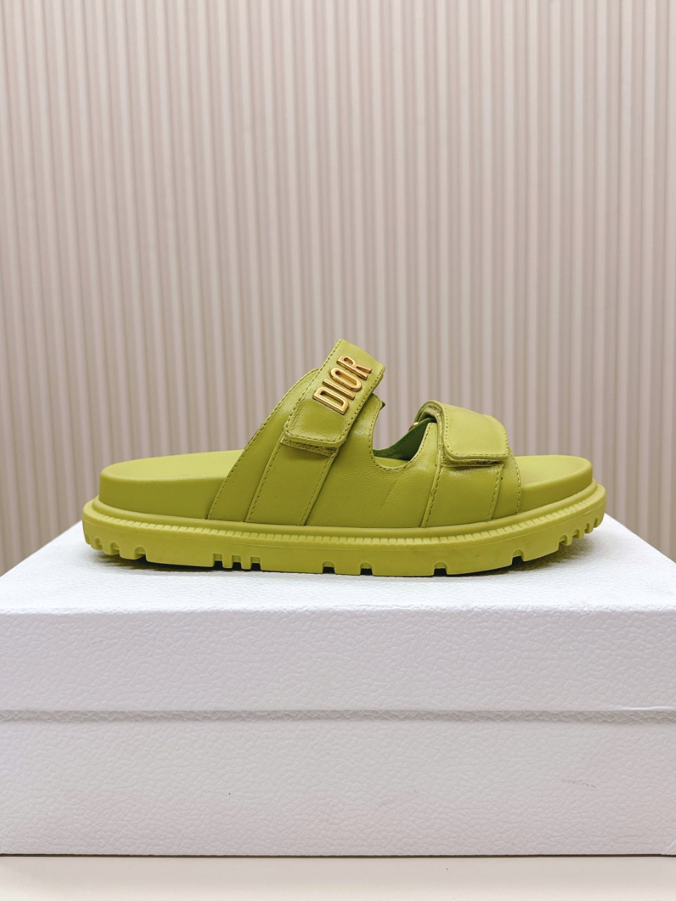 DIOR CLASSIC DOUBLE-STRAP SLIDES 25S IN OLIVE YELLOW CALFSKIN