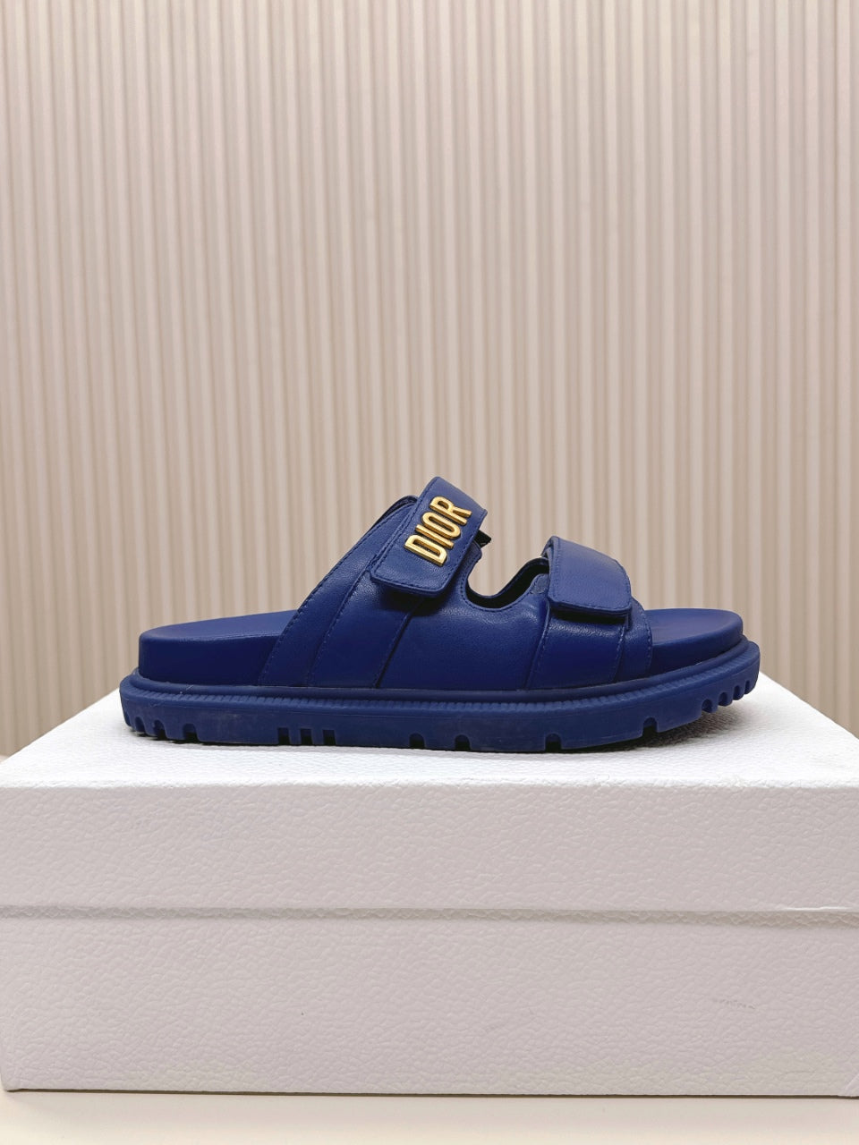 DIOR CLASSIC DOUBLE-STRAP SLIDES 25S IN NAVY BLUE CALFSKIN