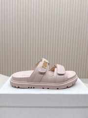 DIOR CLASSIC DOUBLE-STRAP SLIDES 25S IN PASTEL PINK CALFSKIN WITH GOLD HARDWARE