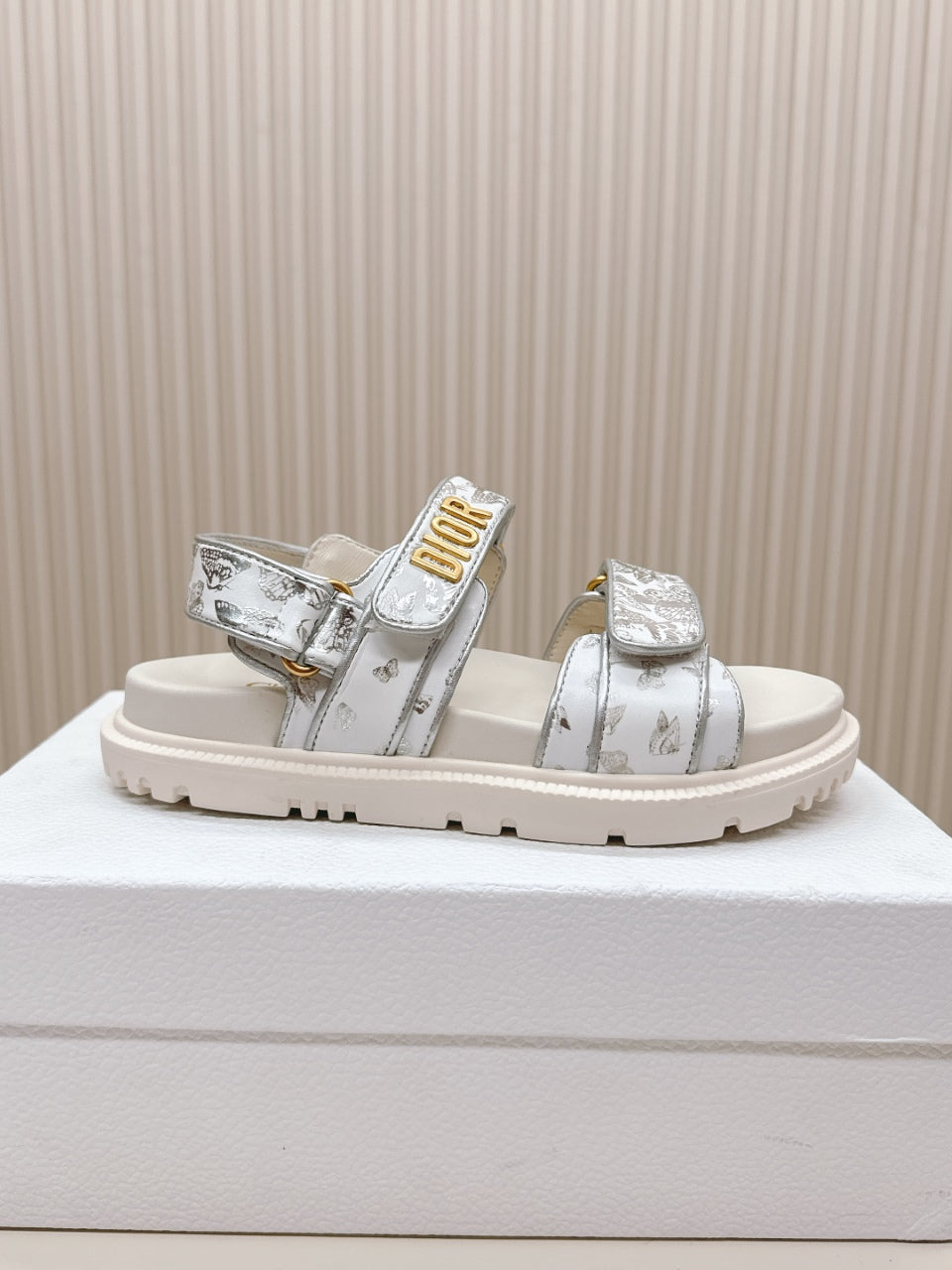 DIOR BACK-STRAP SANDALS 25S IN CREAM WHITE AND SILVER CALFSKIN WITH BUTTERFLY MOTIF