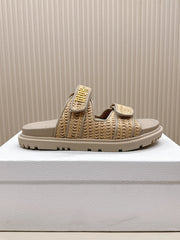 DIOR CLASSIC DOUBLE-STRAP SLIDES 25S IN BEIGE RAFFIA AND TAUPE BEIGE CALFSKIN