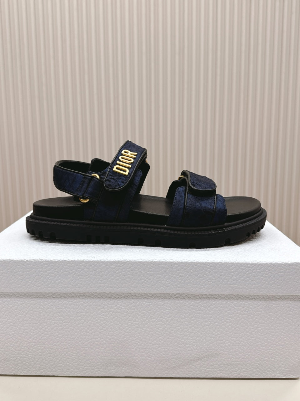 DIOR BACK-STRAP SANDALS 25S IN MIDNIGHT BLUE FABRIC AND BLACK CALFSKIN WITH GOLD HARDWARE