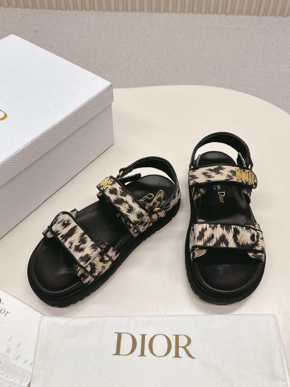 DIOR BACK-STRAP SANDALS 25S IN BLACK MIX LEOPARD PRINT FABRIC AND CALFSKIN WITH GOLD HARDWARE
