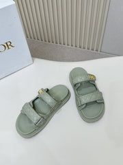 DIOR CLASSIC DOUBLE-STRAP SLIDES 25S IN PALE TEAL GRAY CALFSKIN