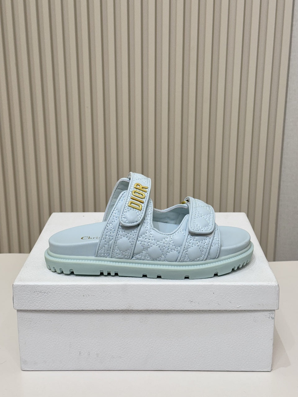 DIOR CLASSIC DOUBLE-STRAP SLIDES 25S IN PASTEL BLUE CALFSKIN