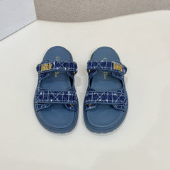 DIOR CLASSIC DOUBLE-STRAP SLIDES 25S IN NAVY BLUE TWEED AND CALFSKIN