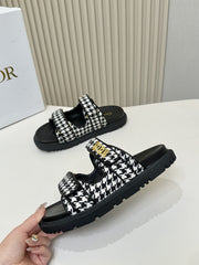 DIOR CLASSIC DOUBLE-STRAP SLIDES 25S IN WHITE MIX BLACK TWEED AND CALFSKIN