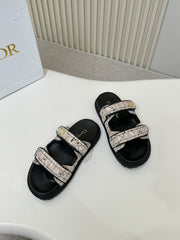 DIOR CLASSIC DOUBLE-STRAP SLIDES 25S IN SOFT ROSE BEIGE TWEED AND BLACK CALFSKIN