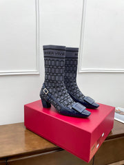 BELLE VIVIER SOCK LACQUERED BUCKLE ANKLE BOOTS IN NAVY BLUE CALFSKIN AND TECHNICAL FABRIC