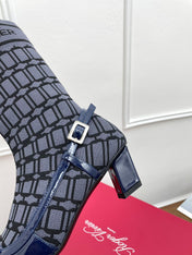 BELLE VIVIER SOCK LACQUERED BUCKLE ANKLE BOOTS IN NAVY BLUE CALFSKIN AND TECHNICAL FABRIC