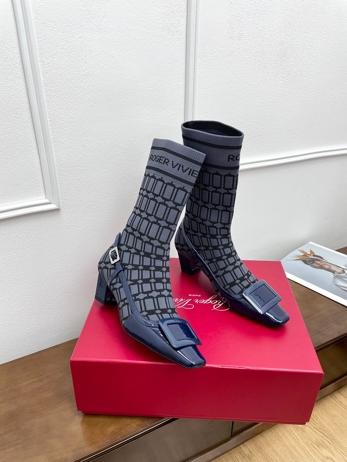 BELLE VIVIER SOCK LACQUERED BUCKLE ANKLE BOOTS IN NAVY BLUE CALFSKIN AND TECHNICAL FABRIC