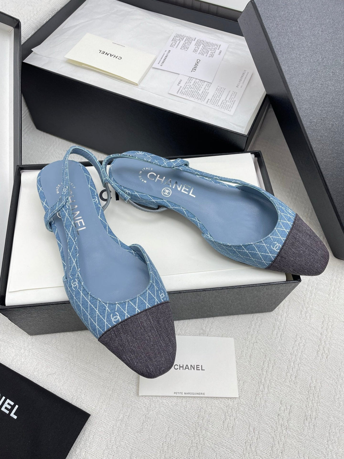 CC SLINGBACK 25S 25 MM IN BLUE DENIM WITH PLAID PATTERN