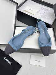 CC SLINGBACK 25S 25 MM IN BLUE DENIM WITH PLAID PATTERN