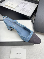 CC SLINGBACK 25S 65 MM IN BLUE DENIM WITH PLAID PATTERN
