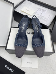 CC SLINGBACK 25S 65 MM IN NAVY BLUE DENIM WITH PLAID PATTERN