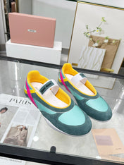 GYMNASIUM BALLERINAS IN GREEN PINK YELLOW TECHNICAL FABRIC AND SUEDE