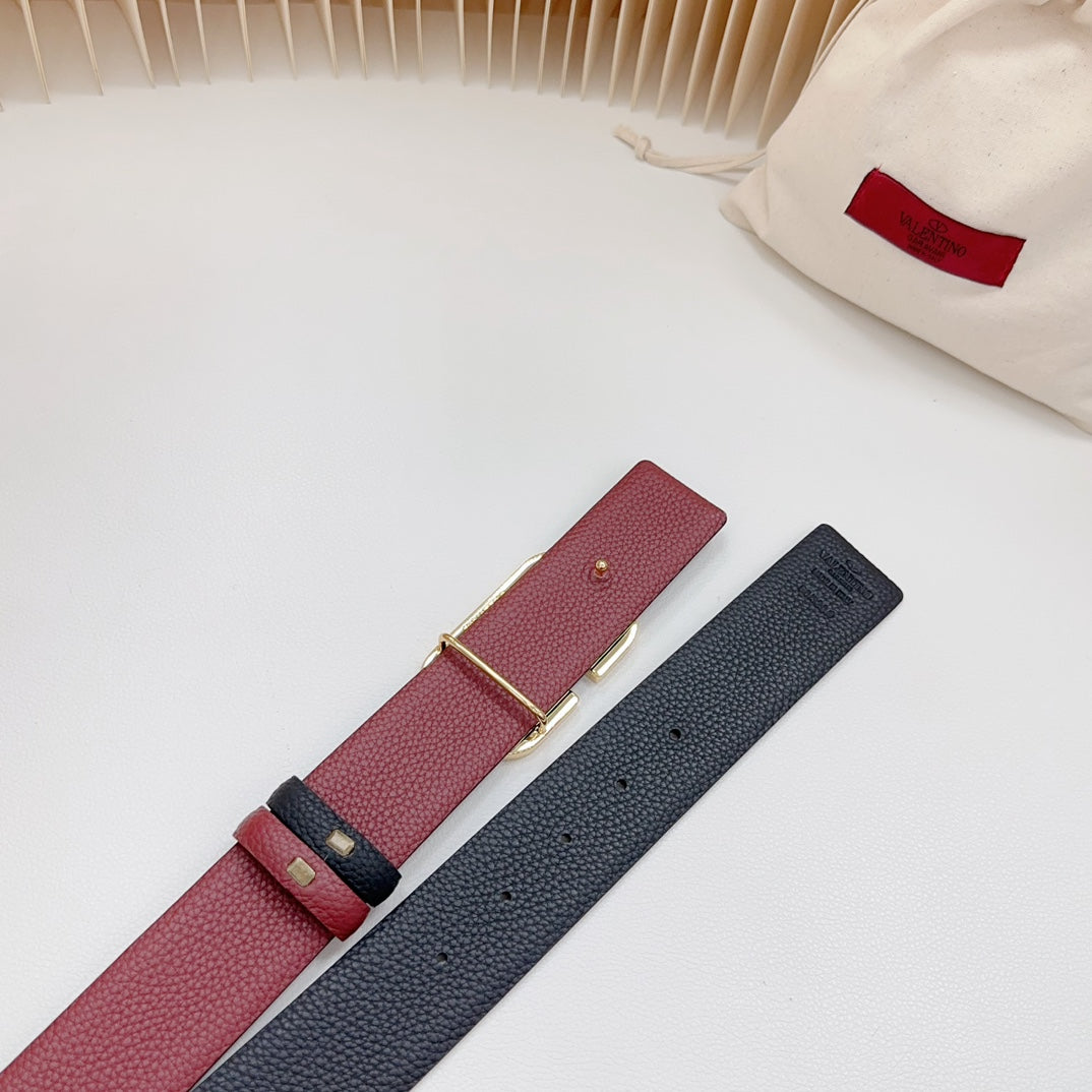Vlogo Wine Gold Buckle Belt 40mm Wine Black Leather