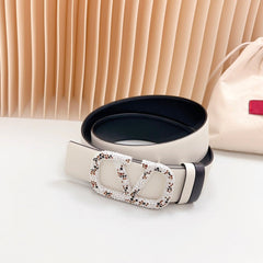 Vlogo Brown Black White Stone Silver Buckle Belt 40mm Black White Leather