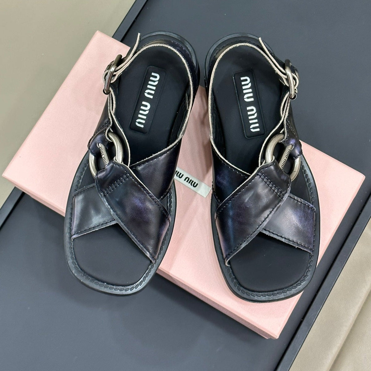 Sandals Black Retro Sheepskin With Cross - Straps