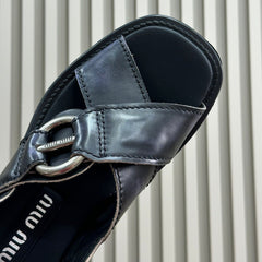 Sandals Black Retro Sheepskin With Cross - Straps