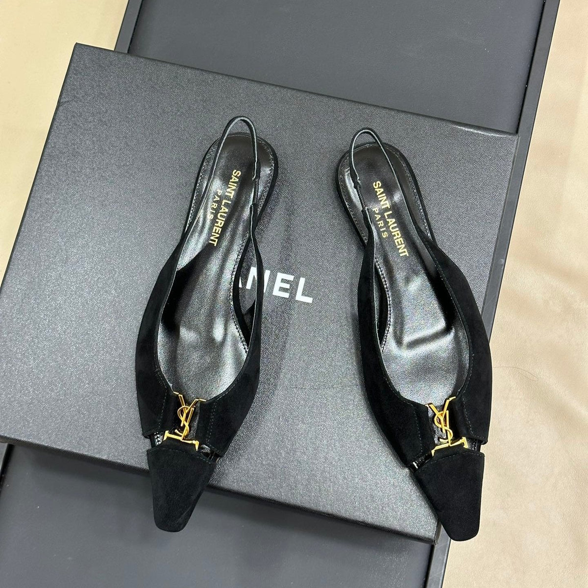 SL BABYLONE SLINGBACK FLAT BLACK SUEDE