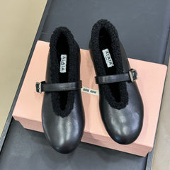 ALAIA 25S MARY JANE SHEARLING FLATS IN BLACK CALFSKIN