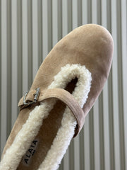 ALAIA 25S MARY JANE SHEARLING FLATS IN LIGHT BROWN SUEDE