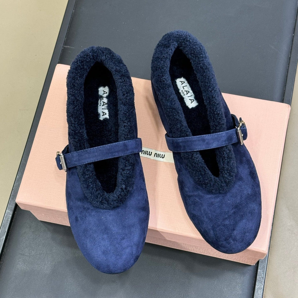ALAIA 25S MARY JANE SHEARLING FLATS IN DARK BLUE SUEDE