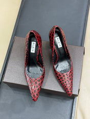 ALAIA 25S POINTY TOE PUMPS CROCODILE-EMBOSSED 90MM IN BURGUNDY CALFSKIN
