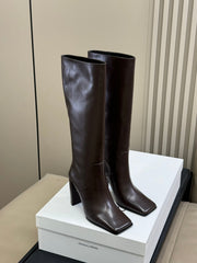 ALAIA 25S KNEE-HIGH SQUARE-TOE BOOTS IN BROWN CALFSKIN
