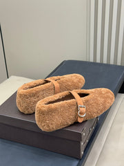 ALAIA 25S COZY MARY JANE SHEARLING FLATS IN CARAMEL