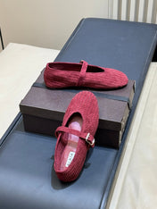 ALAIA 26S KNIT BALLET FLATS IN DARK RED SUEDE