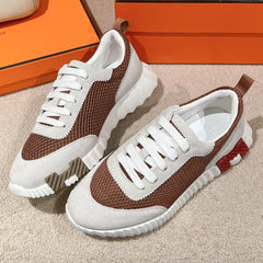 MAINLAND SNEAKER IN PALE GRAY SUEDE AND CARAMEL BROWN BREATHABLE MESH FABRIC