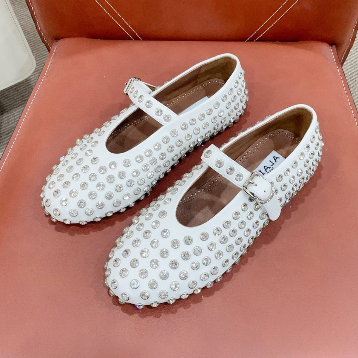 ALAIA MARY JANE SHOES IN WHITE LAMBKIN ATTACH RHINSTONES