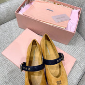 MIUMIU 26S MARY JANE FLATS IN GOLD BROWN SUEDE WITH BLACK BUCKLE STRAP