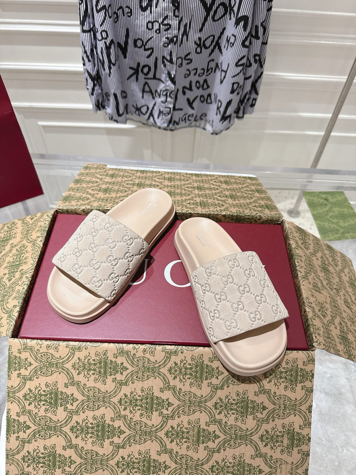 GG SLIDES IN NUDE BEIGE SUEDE WITH EMBOSSED LOGO STYLE 2