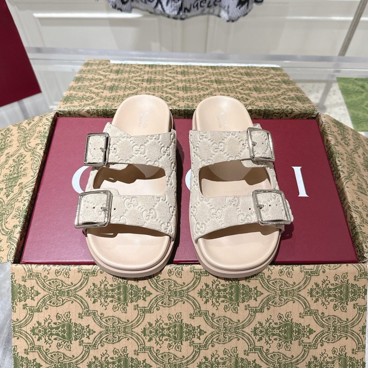 SANDALS IN NUDE BEIGE SUEDE EMBOSSED LOGO SILVER HARDWARE