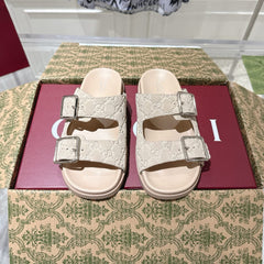 SANDALS IN NUDE BEIGE SUEDE EMBOSSED LOGO SILVER HARDWARE