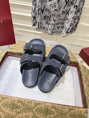 SANDALS IN NAVY BLUE SUEDE EMBOSSED LOGO SILVER HARDWARE