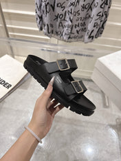 PRADA 26S SLIDES SANDALS IN BLACK CALFSKIN SILVER HARDWARE