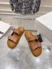 PRADA 26S SLIDES SANDALS IN CARAMEL BROWN CALFSKIN SILVER HARDWARE