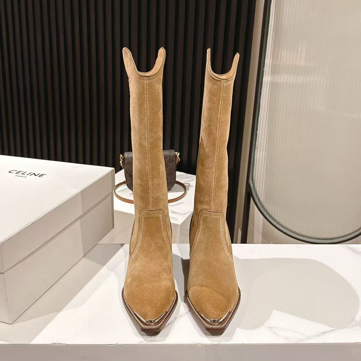 CELINE 25S HIGH BOOTS FOR FALL AND WINTER 45MM IN LIGHT BROWN SUEDE