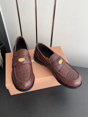 MIUMIU 26S PENNY LOAFERS IN DARK MAHOGANY BROWN CALFSKIN CROCODILE EMBOSSING